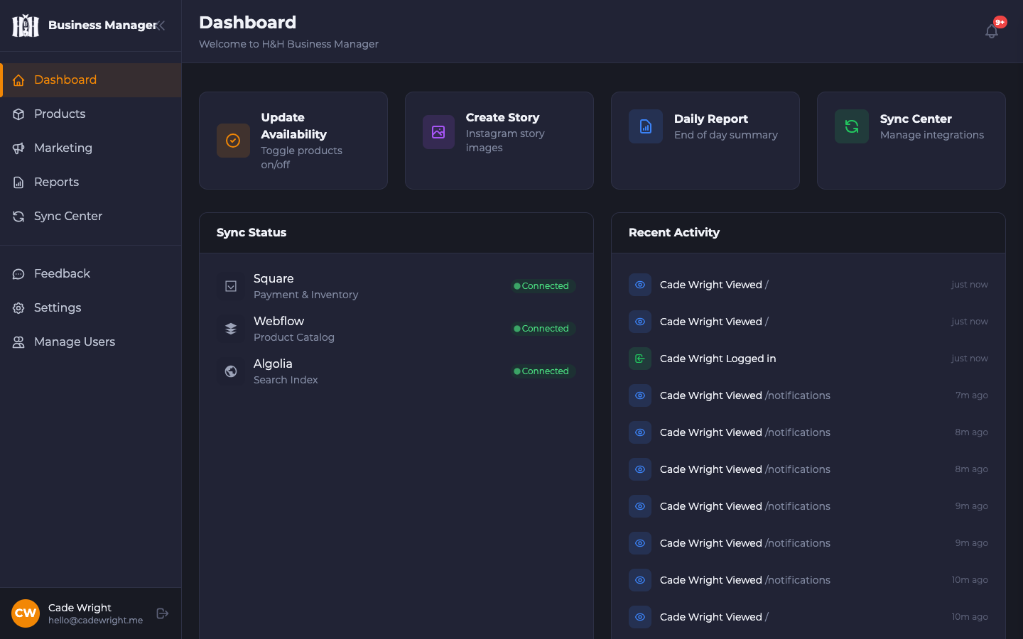 H&H Fresh Fish - Business Manager Dashboard — Quick actions, sync status & activity feed
