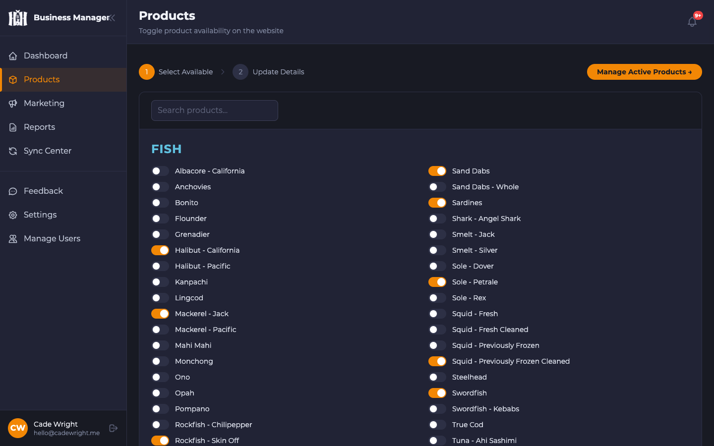 H&H Fresh Fish - Product Availability Management — Real-time toggle system synced to eCommerce
