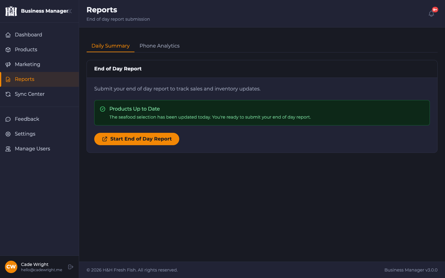 H&H Fresh Fish - Reports & Analytics — End of day summaries and phone analytics