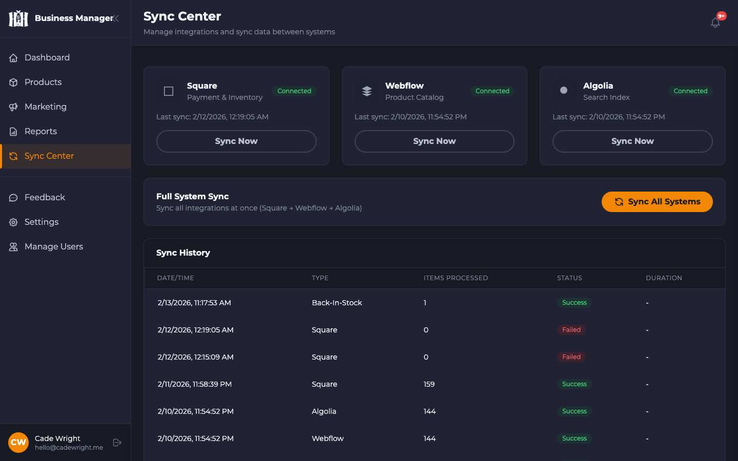 H&H Fresh Fish - Sync Center — Square, Webflow & Algolia integration hub with sync history